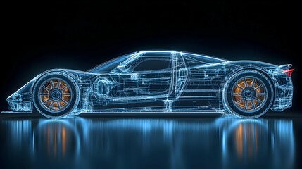 A holographic representation of a sports car showcasing its design.