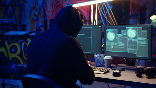 Evil cybercriminal in hidden base targeting vulnerable unpatched connections, getting past computer defenses and stealing data, dolly in shot. Hacker destroying firewalls and infecting computers