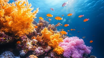 Fototapeta premium A vibrant coral reef teeming with life, showcasing a diverse range of colorful coral formations and schooling fish.
