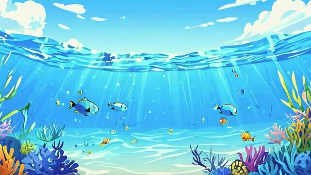 Cartoon Clear blue ocean with fish swimming beneath the surface