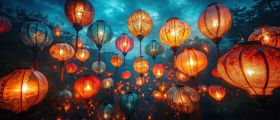 Obraz premium Illuminated Lanterns Hanging in the Night Sky