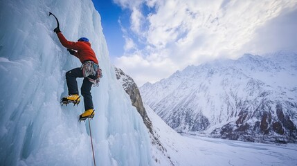 A lone ice climber scales a frozen waterfall in a stunning mountain range, with a blue sky and wispy clouds overhead.