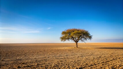 Fototapeta premium A lone tree stands tall in a vast, barren landscape, a testament to resilience in the face of harsh conditions.
