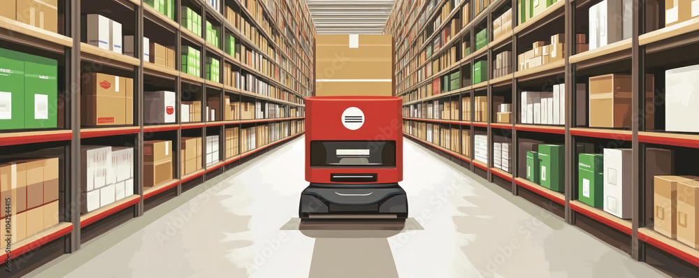 Poster a red robot is driving through a large warehouse filled with boxes. the robot is moving down a long 