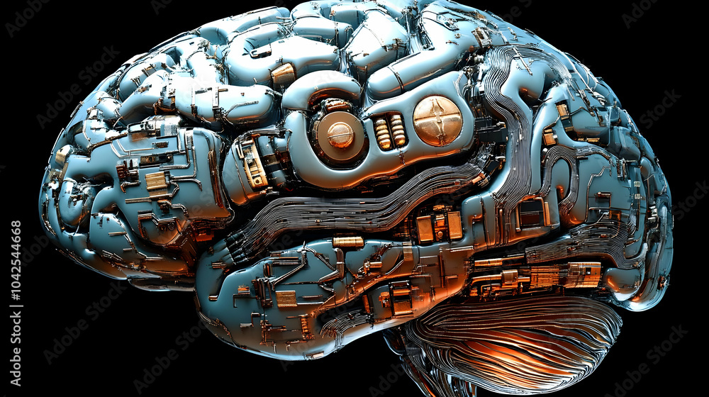 Poster a futuristic brain design with mechanical elements and circuitry.