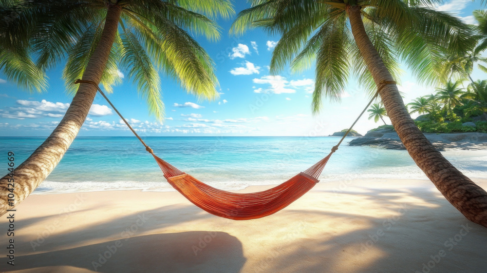 Poster a red hammock is hanging between two palm trees on a beach. the hammock is suspended over the ocean,