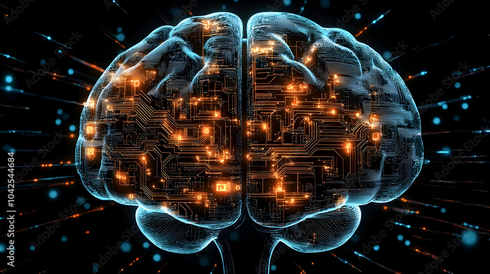 Poster a digital brain with circuitry, symbolizing technology and intelligence.