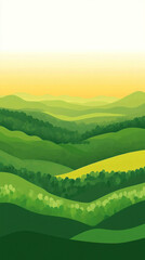 A green hillside with trees and a bright yellow sky. The hills are lush and green, and the sky is a beautiful shade of yellow. The scene is peaceful and serene