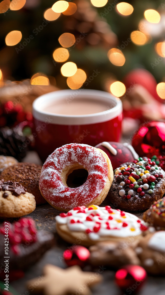 Poster a table full of assorted donuts and cookies with a red mug of coffee in the background. the table is