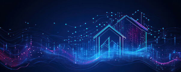 Naklejka premium A blue and purple image of two houses with a lot of dots. The houses are connected by a wave, and the dots are scattered throughout the image. Scene is abstract and artistic, with a sense of movement