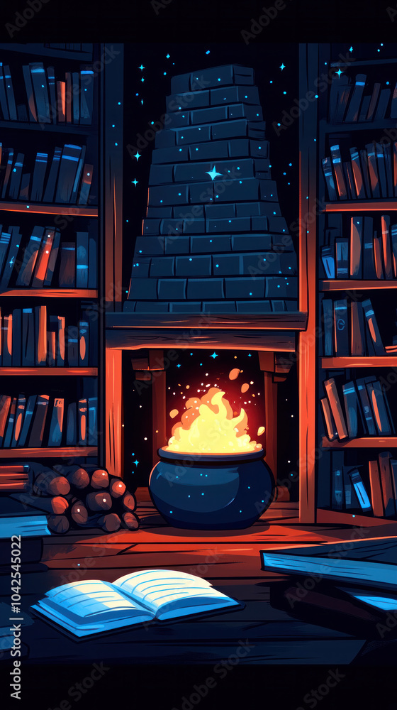 Poster a fireplace with a pot of fire in front of it. the room is filled with bookshelves and a book is ope