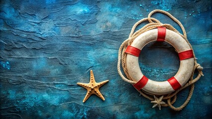 A weathered life preserver with a knotted rope and a starfish on a textured blue surface.