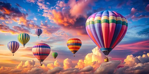 Fototapeta premium A symphony of vibrant hot air balloons dance gracefully against a breathtaking backdrop of cotton candy clouds and a fiery sunset, creating a magical and whimsical spectacle in the sky.
