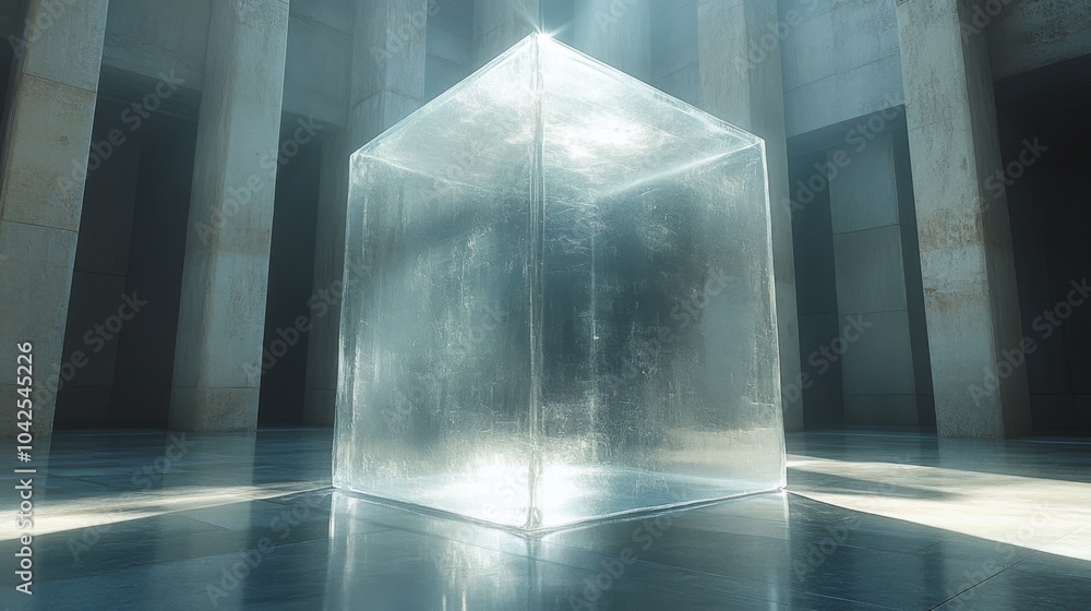 Poster this striking transparent cube stands at the center of an open, minimalist architectural space, bath