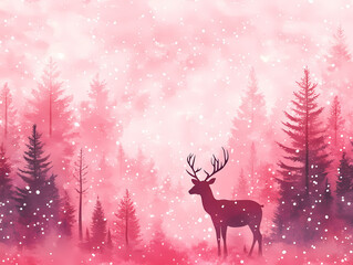 Reindeer in a Snowy Forest Clearing at Dawn, watercolor christmas repeating pattern, digital paper background