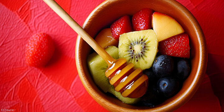Tigela de frutas mistas com um toque de mel