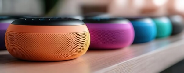 Obraz premium Voice-activated assistants, vibrant colors, tech devices, close-up, modern
