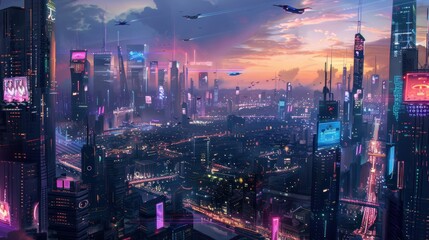 Obraz premium Futuristic Cityscape at Sunset