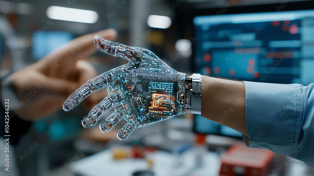 Poster exploring the intersection of humanity and technology the emergence of robotic hands in modern socie