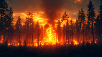 Intense forest fire at sunset, illuminating the trees and sky.