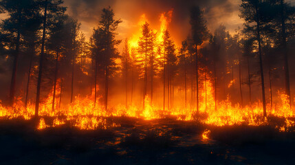 Intense forest fire engulfing trees in a dramatic landscape.