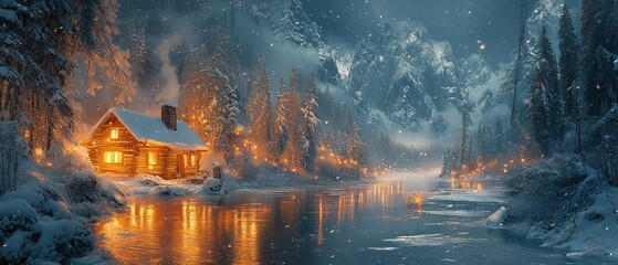 A Cozy Cabin Illuminated in a Snowy Forest by a Frozen Lake