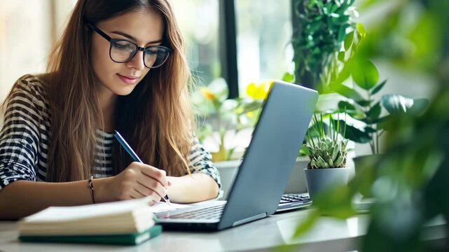 Focused Female Student Attending Online Lesson via Videoconference
