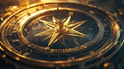 A detailed close-up of a golden compass with a star design, symbolizing navigation and exploration.