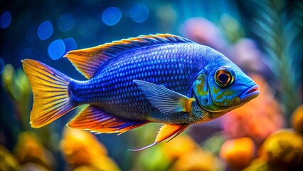 Naklejka premium A vibrant, blue and yellow fish with intricate scales swims amidst a colorful, abstract background, showcasing the beauty of underwater life.
