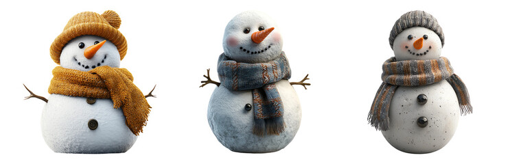 PNG Cheerful Snowmen in Winter Costumes isolated on transparent background