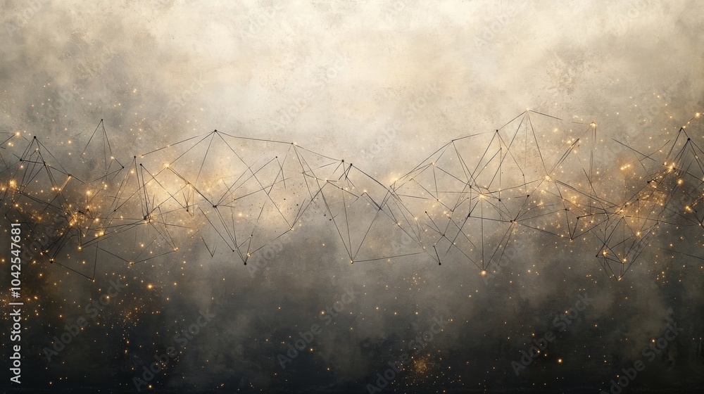 Fototapete An intricate network of lines and glowing particles creates a mesmerizing abstract design, evoking a celestial ambiance against a dark background.