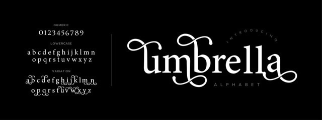 Umbrella typography beauty fashion elegant minimalist serif italic fonts decorative wedding vintage retro logos. Minimal luxury font alphabet logo. Vector illustration