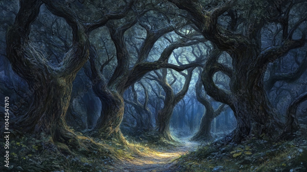 Poster a path through a dense, mysterious forest with moonlight filtering through the branches.