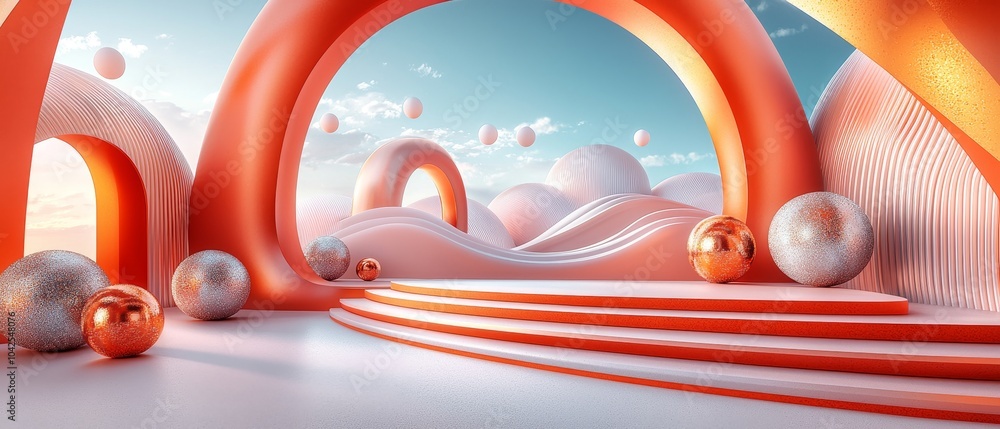 Poster exploring a vibrant artistic landscape with dynamic shapes and textures in a serene atmosphere