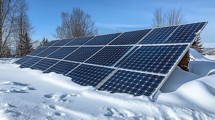 Solar panels on a steeply angled roof with a light dusting of snow. Only the lower half of the panels is visible as the snow slowly melts, revealing the dark blue photovoltaic surface.

