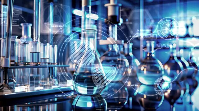 Laboratory glassware displaying futuristic DNA research interface