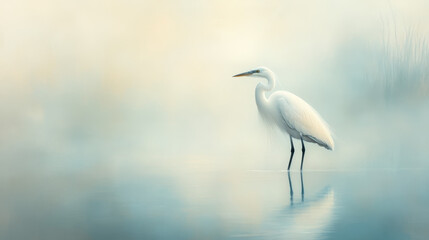 Naklejka premium serene white heron stands gracefully in misty landscape, reflecting on calm water. soft hues create tranquil atmosphere, evoking sense of peace and solitude
