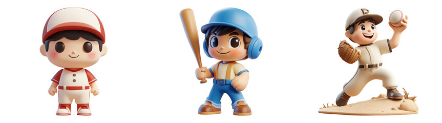 Baseball player characters in action isolated on transparent PNG background ideal for sports themed designs or children's illustrations