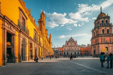 Naklejka premium A wide shot of a large, bustling city square in Mexico with people walking by. The square is dominated by a large, yellow building on the left and a church on the right.