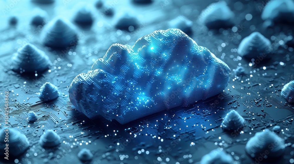 Poster 3d cloud shape rendered on a circuit board with glowing lights