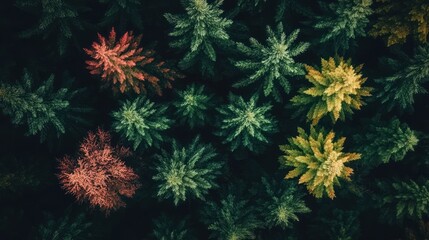 An aerial view of a lush forest with trees in various shades of green, red, and yellow.