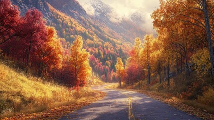Fototapeta premium A serene road meanders through stunning autumn landscapes, where golden trees mingle with vibrant reds and oranges, under soft sunlight filtering through leaves, inviting exploration.