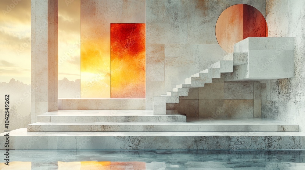 Poster A striking architectural design features stairs leading to an orange circular opening and a red rectangle, backlit by a colorful sunset reflecting on the water.