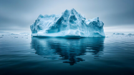 Fototapeta premium A large iceberg floating in calm, reflective waters under a cloudy sky.