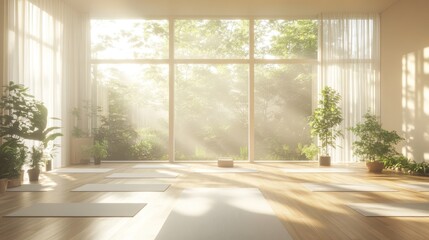 Fototapeta premium A serene yoga studio bathed in natural light, promoting mindfulness and relaxation.