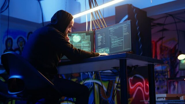 Malicious man hacking and talking on phone with partner, stealing credit card numbers, manipulating banking systems. Evil hacker runs dangerous code, chatting with friend in telephone call, camera A