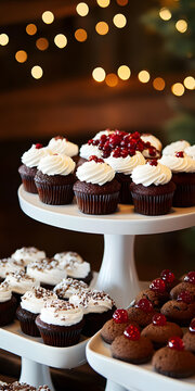 Mesa de doces decadentes com cupcakes e biscoitos