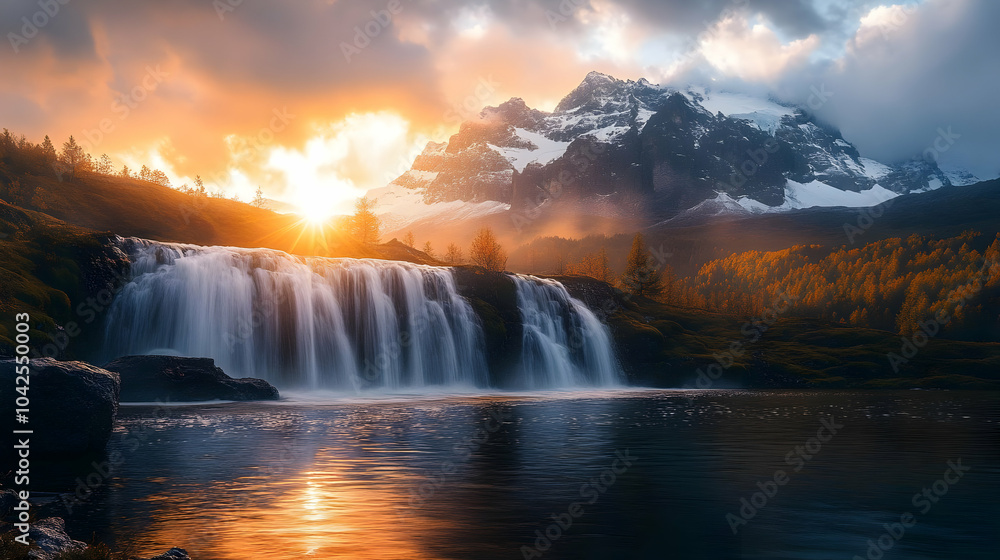 Sticker Serene waterfall at sunset with majestic mountains in the background.