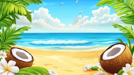Fototapeta premium Tropical Beach Scene with Coconuts and Palm Trees