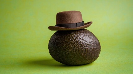A whole avocado wearing a brown fedora hat on a green background.